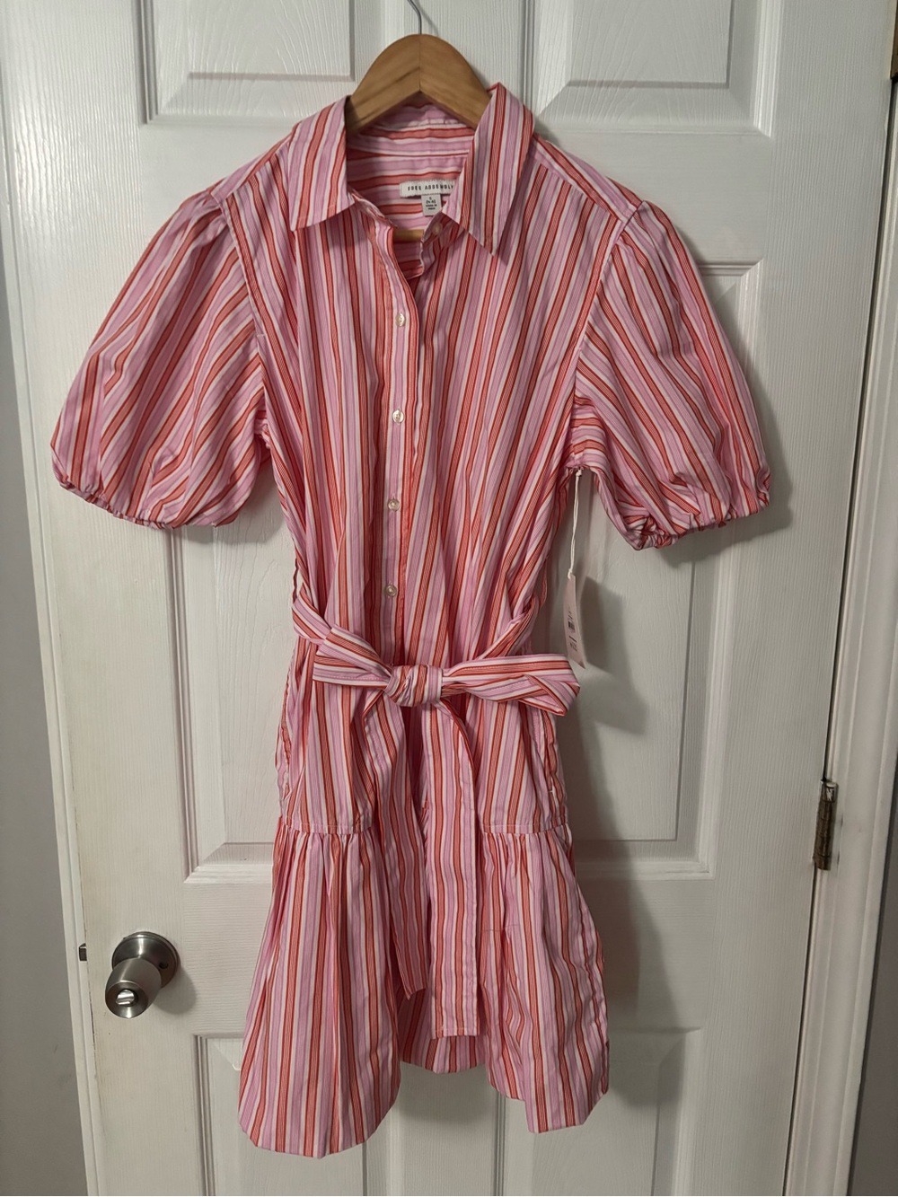 Free Assembly pink and white vertical striped dress with tie waist